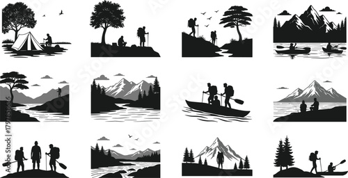 adventure, nature, silhouette, hiking, camping, canoeing, backpack, mountain, forest, river, tent, scenic, outdoor, travel, vector