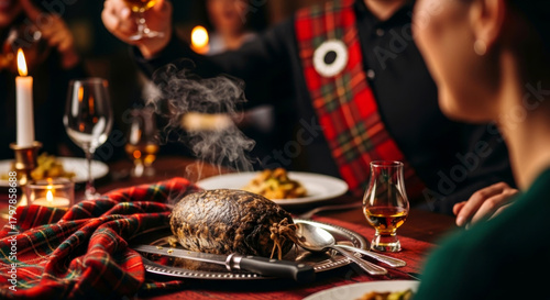 Haggis served on a festive table with tartan cloth and whisky, celebrating Burns Night dinner tradition.