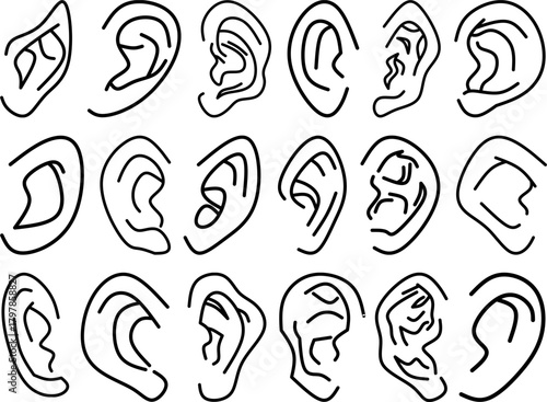 Hand-drawn ear illustrations featuring diverse ear shapes and line-art contours designed as vector elements for anatomy studies, character design, and creative graphic projects.