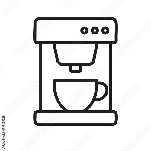 Simple black and white line drawing depicting a coffee machine with a cup positioned directly underneath