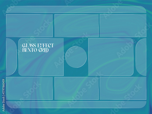 Glass Effect Bento Grid Abstract Background with Swirling Blue and Green Waves