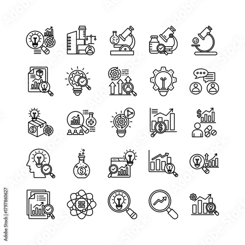 Research and development icon set collection. Containing examine, evolution, increase, operation, searching, profit, employment .Line vector icons collection