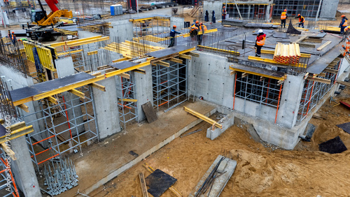 Construction of a private house view from a quadcopter. Selective focus