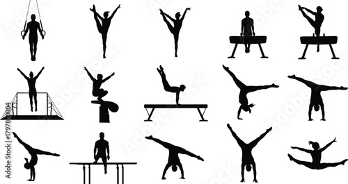 gymnastics, silhouette, athlete, pose, balance, rings, beam, bars, strength, flexibility, handstand, split, leap, sport, vector