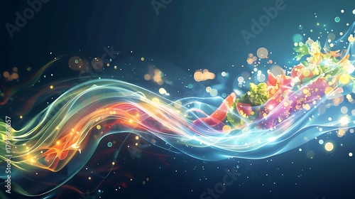 Fototapeta Naklejka Na Ścianę i Meble -  Ethereal Food Essence: An Abstract Illustration of Dreamlike Elements and Culinary Ingredients Flowing with Vibrant Energy and Subtle Colors in High Resolution