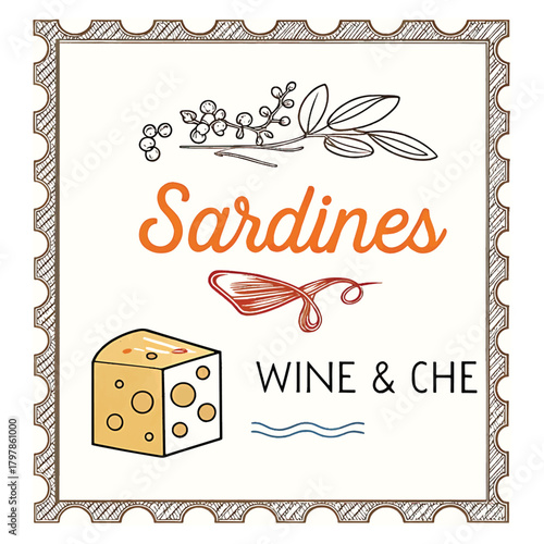 Artistic illustration of sardines and wine bottles perfect for culinary themes restaurant branding and gourmet food packaging designs