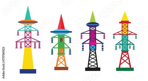 Colorful stylized depictions of electrical power transmission towers in a flat design