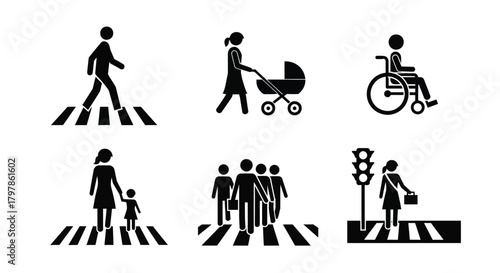 Pedestrian symbols depicting people walking with strollers and using wheelchairs