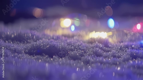 Snowy Scene with Colorful Lights and Festive Holiday Ambiance.