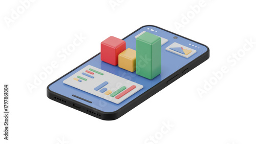 Wallpaper Mural A 3D rendering of a smartphone displaying colorful bar charts and data visualizations, symbolizing mobile analytics, business growth, and financial reporting. background removed Torontodigital.ca
