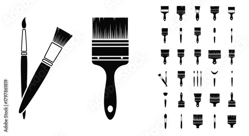 A collection of paintbrushes in varying sizes and styles black and white