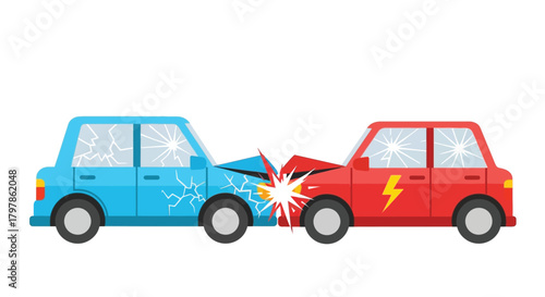 Cartoon illustration depicting a head on vehicle collision with damage and sparks