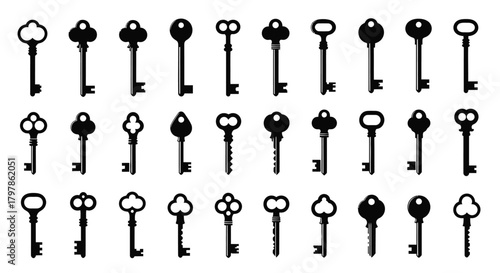 A collection of vintage and modern keys in a simple black and white arrangement