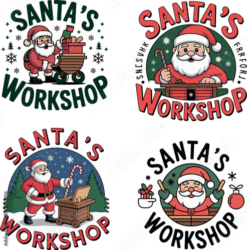 Vintage Cartoon Santa’s Workshop Badge Illustration with Cute Santa, Gifts and Holiday Elements