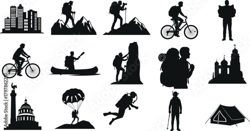 travel, outdoor, adventure, silhouette, hiking, biking, climbing, canoeing, parachuting, scuba, landmark, tourism, vector, exploration