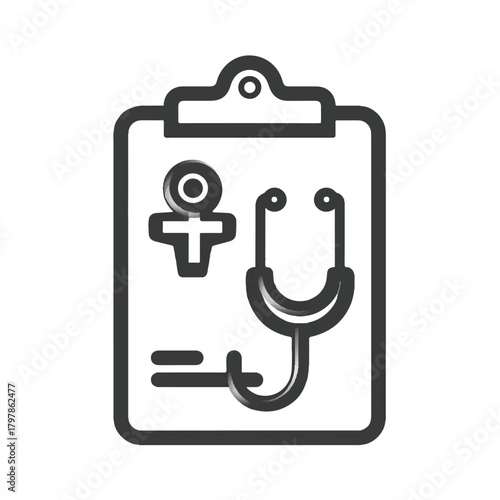 Healthcare clipboard with female symbol and stethoscope signifying womens health and medical records on a white background for medical concepts and designs