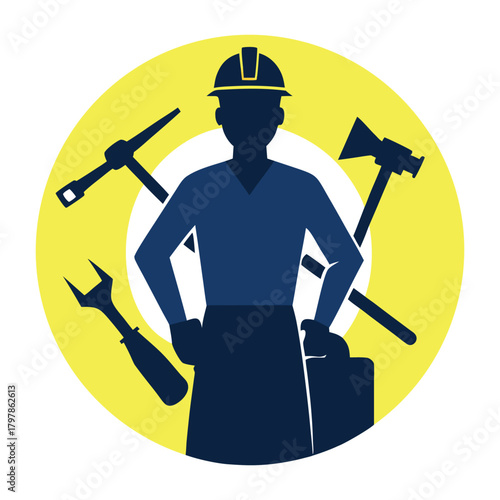 Construction worker silhouette holding tools, professional theme
