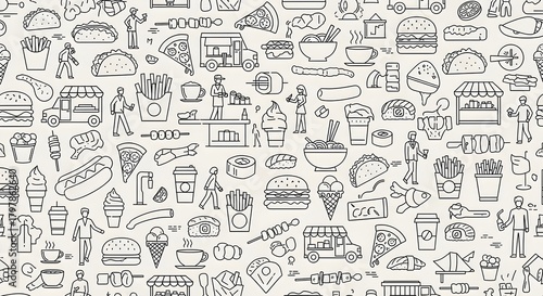 A seamless pattern featuring various food items and people in a line art style on a white background