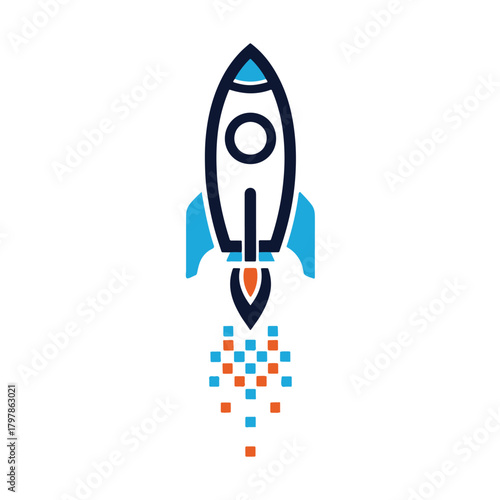 Dark blue rocket with orange and blue pixelated exhaust on white background space launch