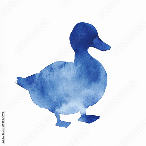 Blue watercolor silhouette of a walking duck