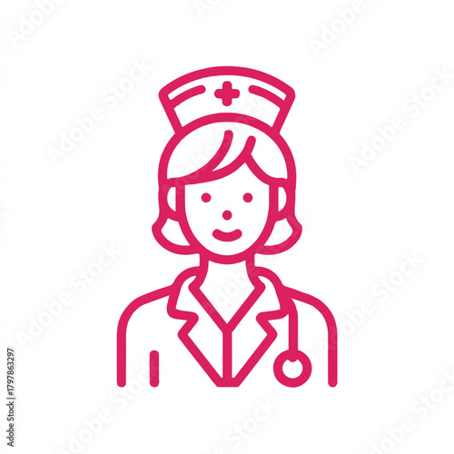Iconic Illustration of a Nurse with Cap and Stethoscope Symbolizing Healthcare and Medical Professions in a Modern Minimalist Style on a White Background