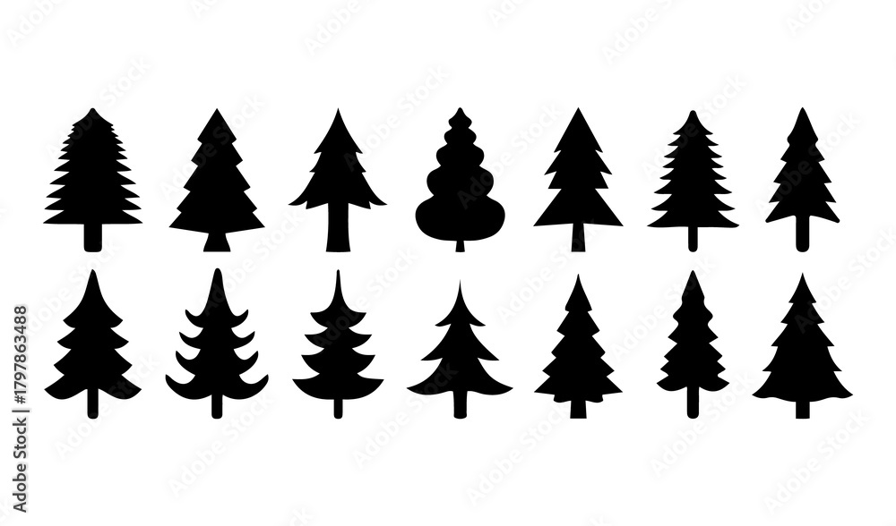 Obraz premium various christmas tree silhouette. Pine Tree icon Set. Fifteen Black Conifer Shapes for Nature Icons, Outdoor Branding, and Seasonal Design