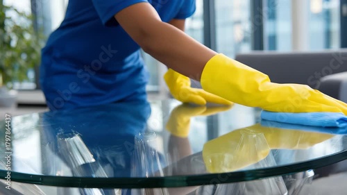 Wallpaper Mural Office cleaning staff thoroughly sanitizing a conference table in a modern office environment during business hours Torontodigital.ca