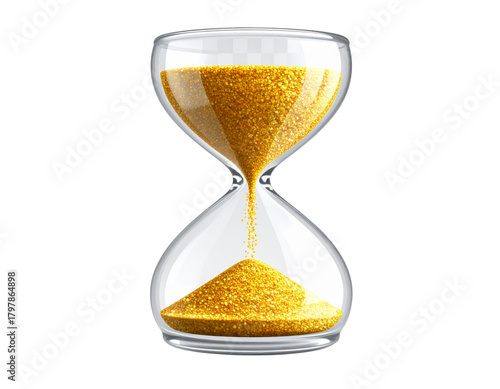 3D Glossy Hourglass Icon with Flowing Sand Effect, Vector Illustration, Isolated