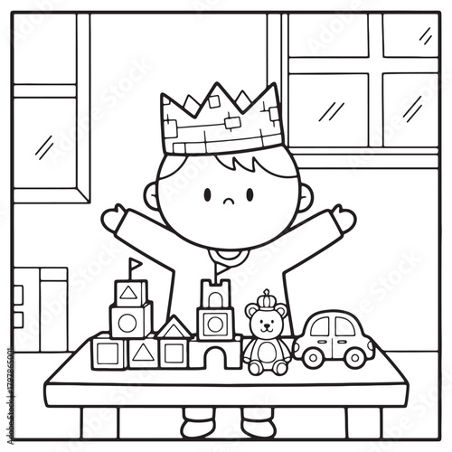 Cute Boy King Playing with Toys and Blocks Coloring Page Vector Illustration