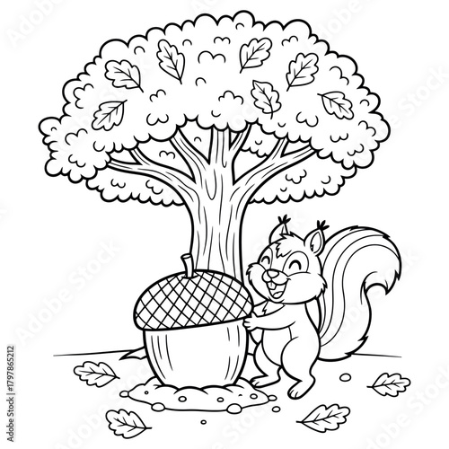 Cute Squirrel Hugging a Giant Acorn Under an Oak Tree Coloring Page Vector Illustration
