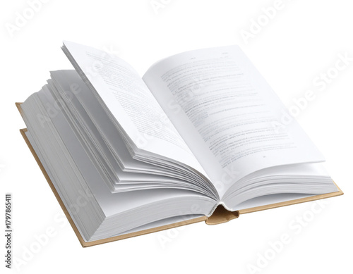  3D Isometric Open Book with Turning Page, Angled View, Transparent Background