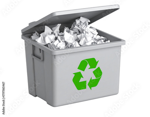 3D Isometric Recycling Bin with Lid Open, Transparent Background