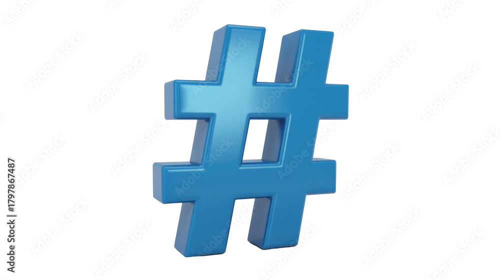 Fototapeta premium A vibrant blue, shiny 3D hashtag symbol prominently displayed. Ideal for social media, digital communication, or branding purposes. background removed
