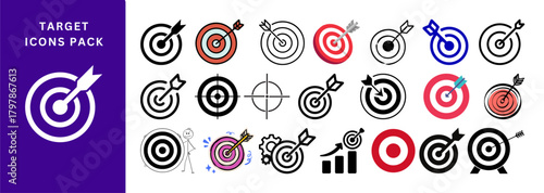 Target Icons: Bullseye Arrow, Dartboard, Goal Circle, Crosshair, Focus Ring, Precision, Concentric, Arrow Center, Marketing Goal, Success Aim, Objective, Shooting, Accuracy, Vision