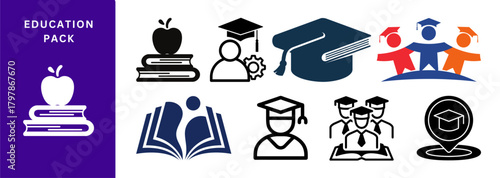 Education Symbols: Blackboard, Laptop, Certificate, Mortarboard, Books, Compass, Beaker, Telescope, DNA, Atom, Palette, Guitar, Sports, Masks, Speech, History, Map, Math, Glasses