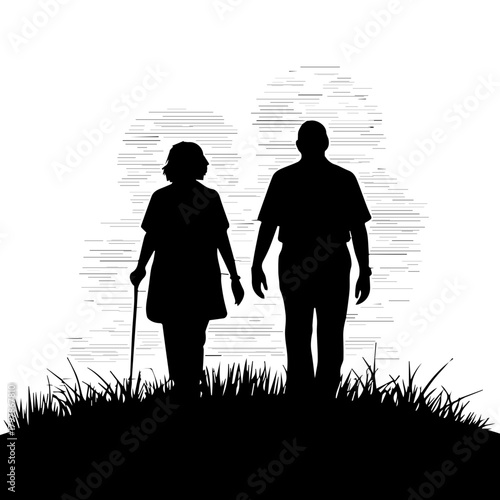 Senior couple on nature walk together, enjoying the outdoors in silhouette. Senior couple captures scenic landscape, sharing moments of joy.