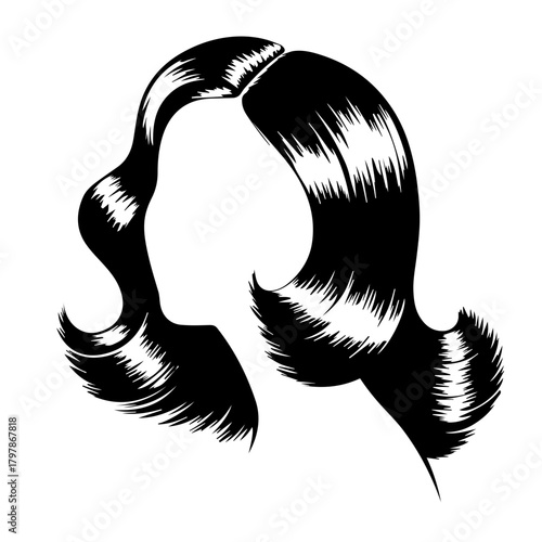 Glossy black hair with a retro hairstyle, woman with glossy black hair depicted in silhouette, isolated on white.