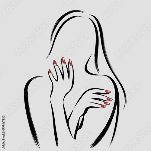 Woman with glossy red nails in minimalist drawing, beauty and fashion, her hands delicately touching her skin. Glossy red nails draw attention to woman's stylish look and beauty.