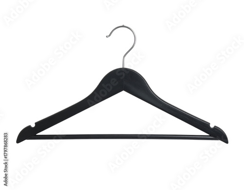 Black Plastic Pants Hanger with Built-In Trouser Bar, Front View, Isolated on Transparent Background