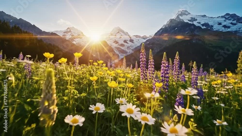 Alpine Meadow Sunrise: Blooming Flowers with Snow-Capped Mountain Peaks