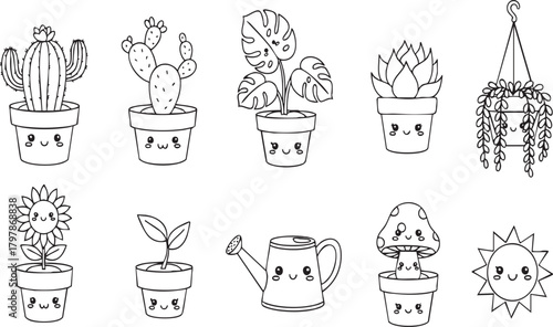Cute gardening elements collection featuring potted plants succulents cacti watering can and sun doodles