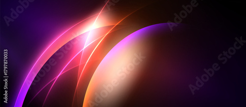 Abstract design features vibrant curves, glowing light. Purple, orange, pink hues blend into dark background. Dynamic energy radiates.