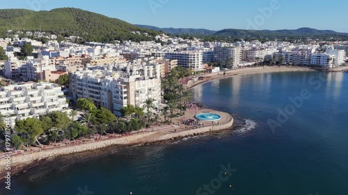 Aerial view of  Palm-Lined Promenade and Beachfront Hotels of Santa Eulària, Ibiza	