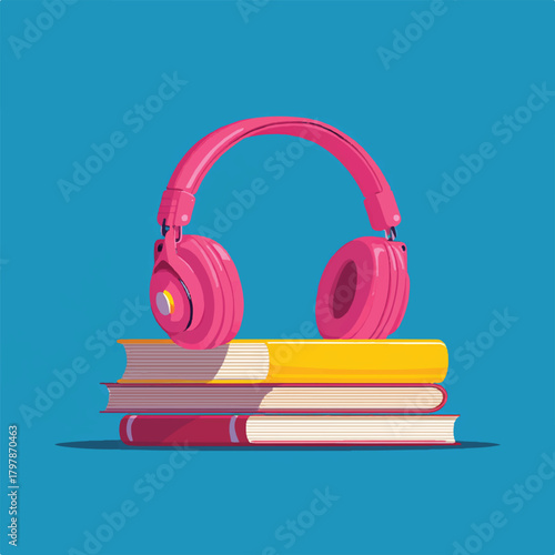 Pink Headphones Resting on a Stack of Books Against a Teal Background Representing Learning and Audiobooks or Digital Education and Modern Reading Experiences