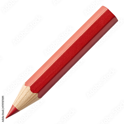 Single red colored pencil, sharpened tip, clean wood texture, soft shadow, isolated PNG on transparent background