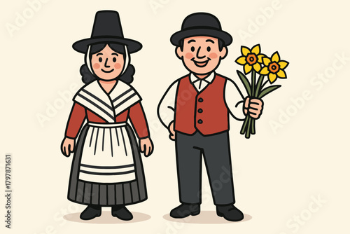 Couple in traditional welsh national costume holding a bunch of daffodils