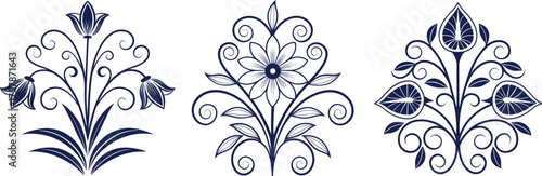 Dark Blue Floral and Fruit Ornaments with Swirls on White Background Keywords: floral, ornament, decorative, flourish, swirl
