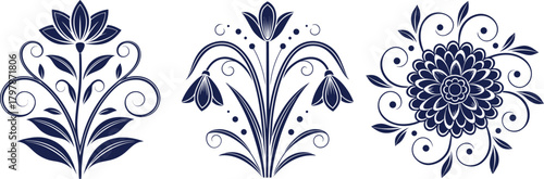 Dark Blue Floral Ornaments with Flowers Buds and Swirls on White Background Keywords: floral, ornament, decorative, flourish, swirl