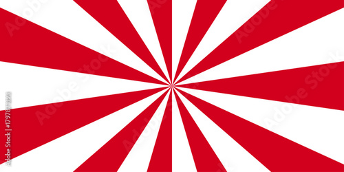 A red and white pattern with a red and white striped pattern. Sunburst beam light vintage shine and graphic summer explosion pattern. Gradient bright sunrise isolated glow striped.