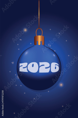 A glowing blue glass Christmas bauble with the number 2026, hanging on a dark festive background with sparkles.
